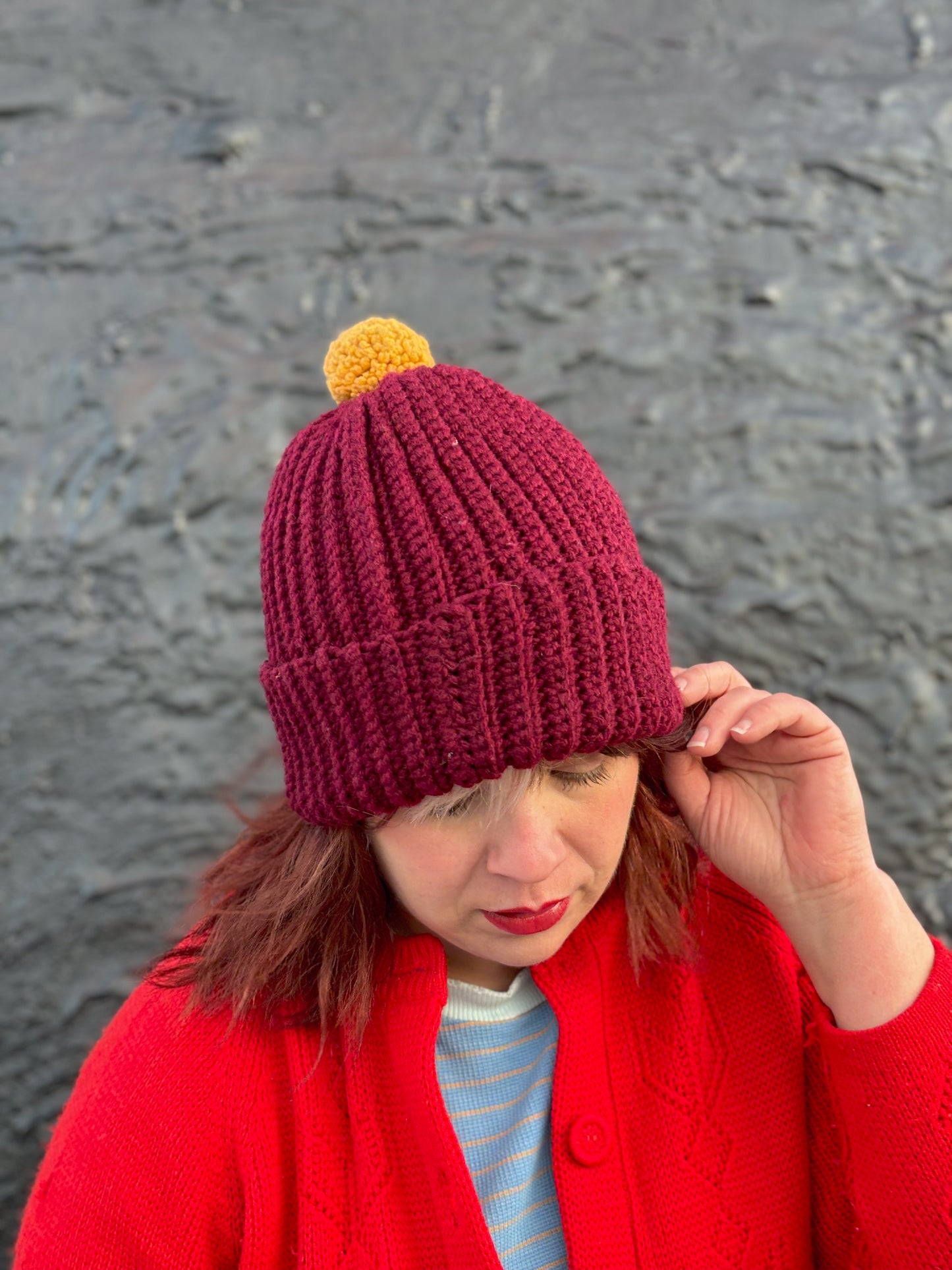 Vintage "Marvelous Mrs. Maisel" Maroon Knit Beanie with Golden Yellow Pom