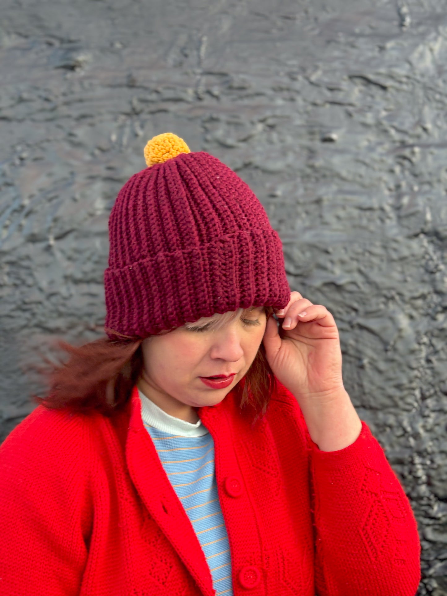 Vintage "Marvelous Mrs. Maisel" Maroon Knit Beanie with Golden Yellow Pom