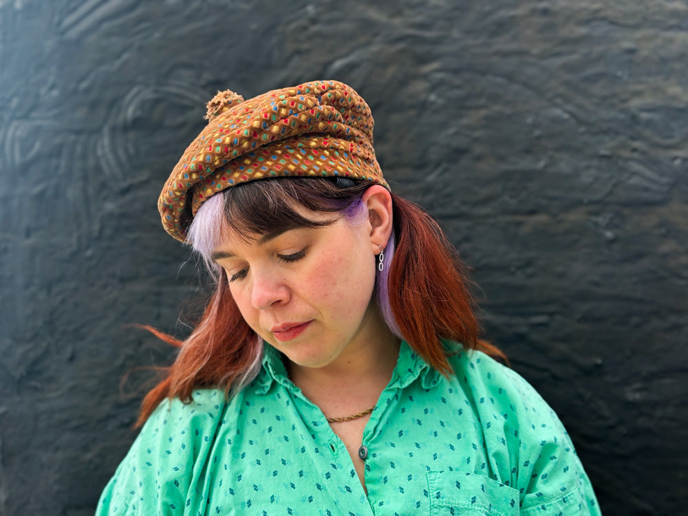 50s Mrs. Maisel Tan & Rainbow Embroidered Beret Hat by Saks