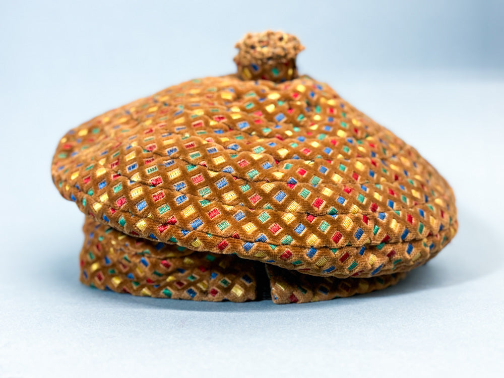 50s Mrs. Maisel Tan & Rainbow Embroidered Beret Hat by Saks