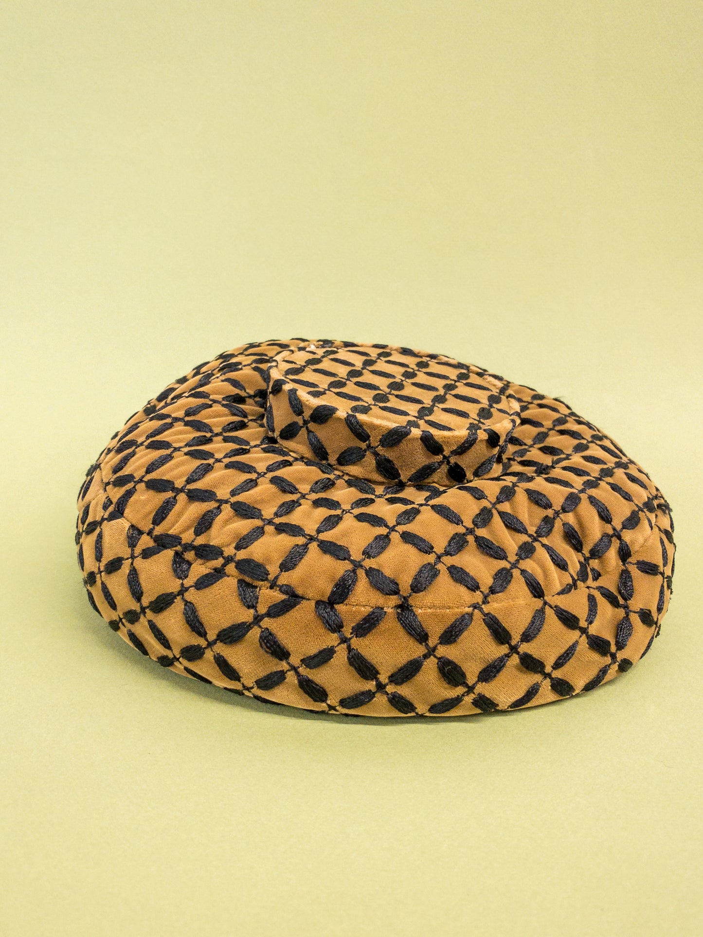 50's 60's "Marvelous Mrs. Maisel" Tan Velvet & Black Embroidered Mushroom Hat