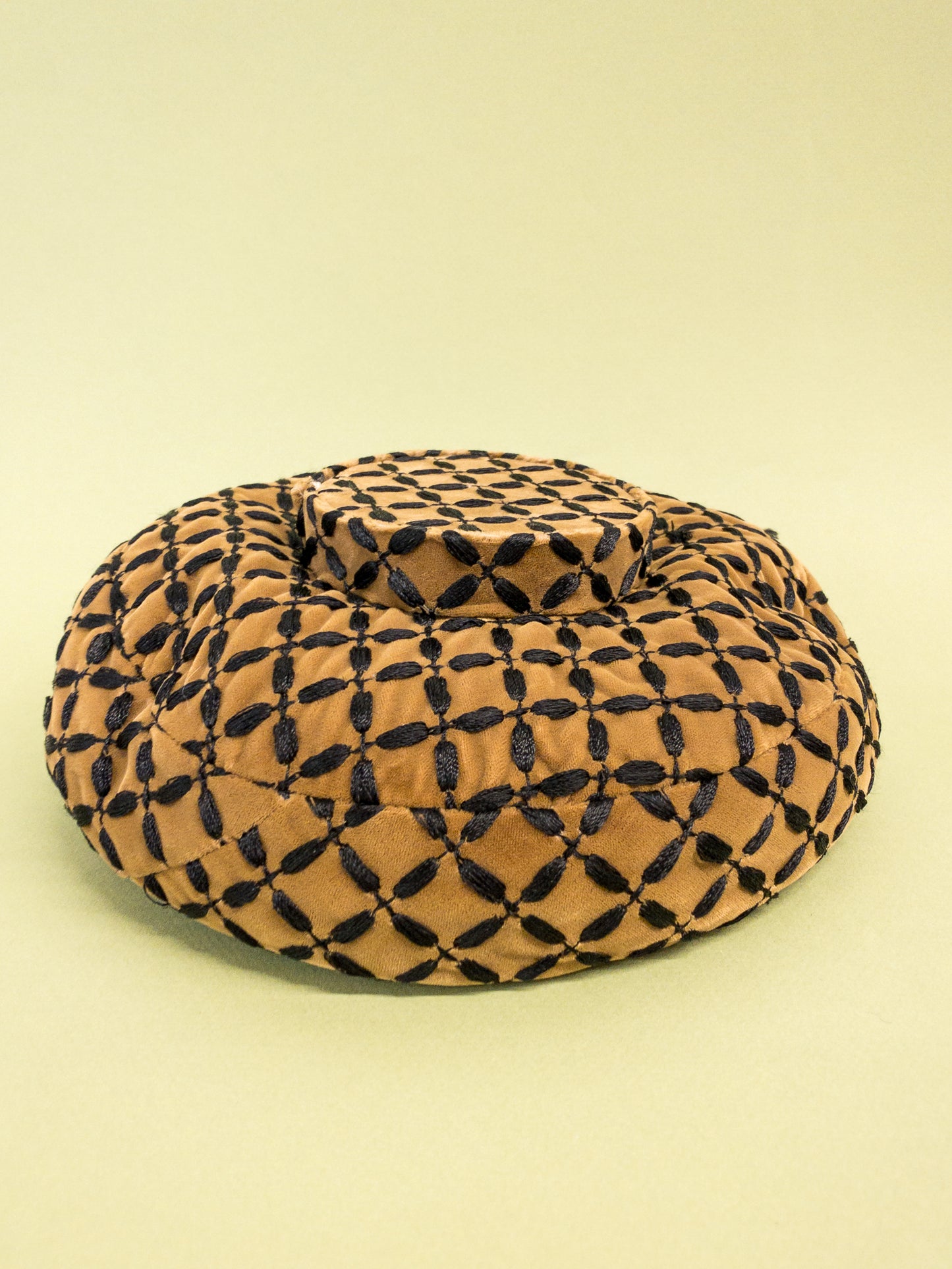 50's 60's "Marvelous Mrs. Maisel" Tan Velvet & Black Embroidered Mushroom Hat