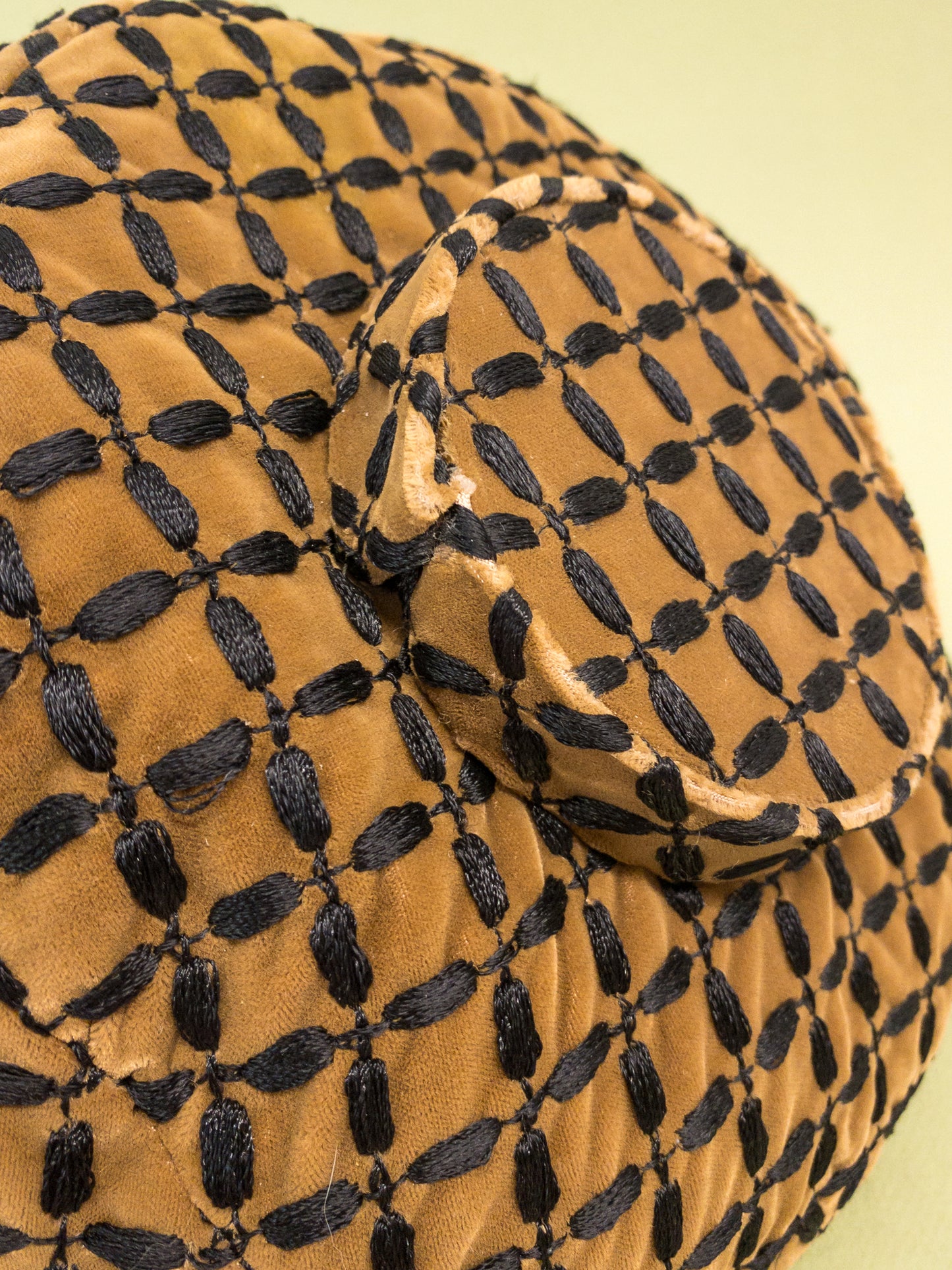 50's 60's "Marvelous Mrs. Maisel" Tan Velvet & Black Embroidered Mushroom Hat