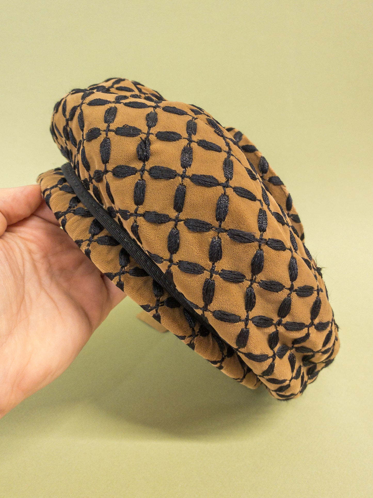 50's 60's "Marvelous Mrs. Maisel" Tan Velvet & Black Embroidered Mushroom Hat