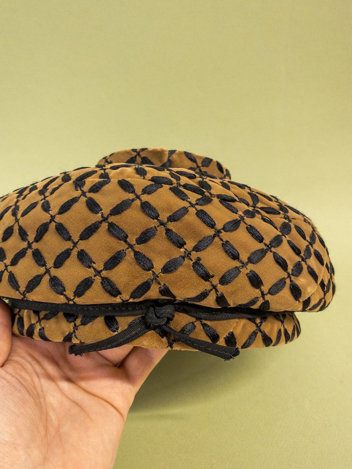 50's 60's "Marvelous Mrs. Maisel" Tan Velvet & Black Embroidered Mushroom Hat