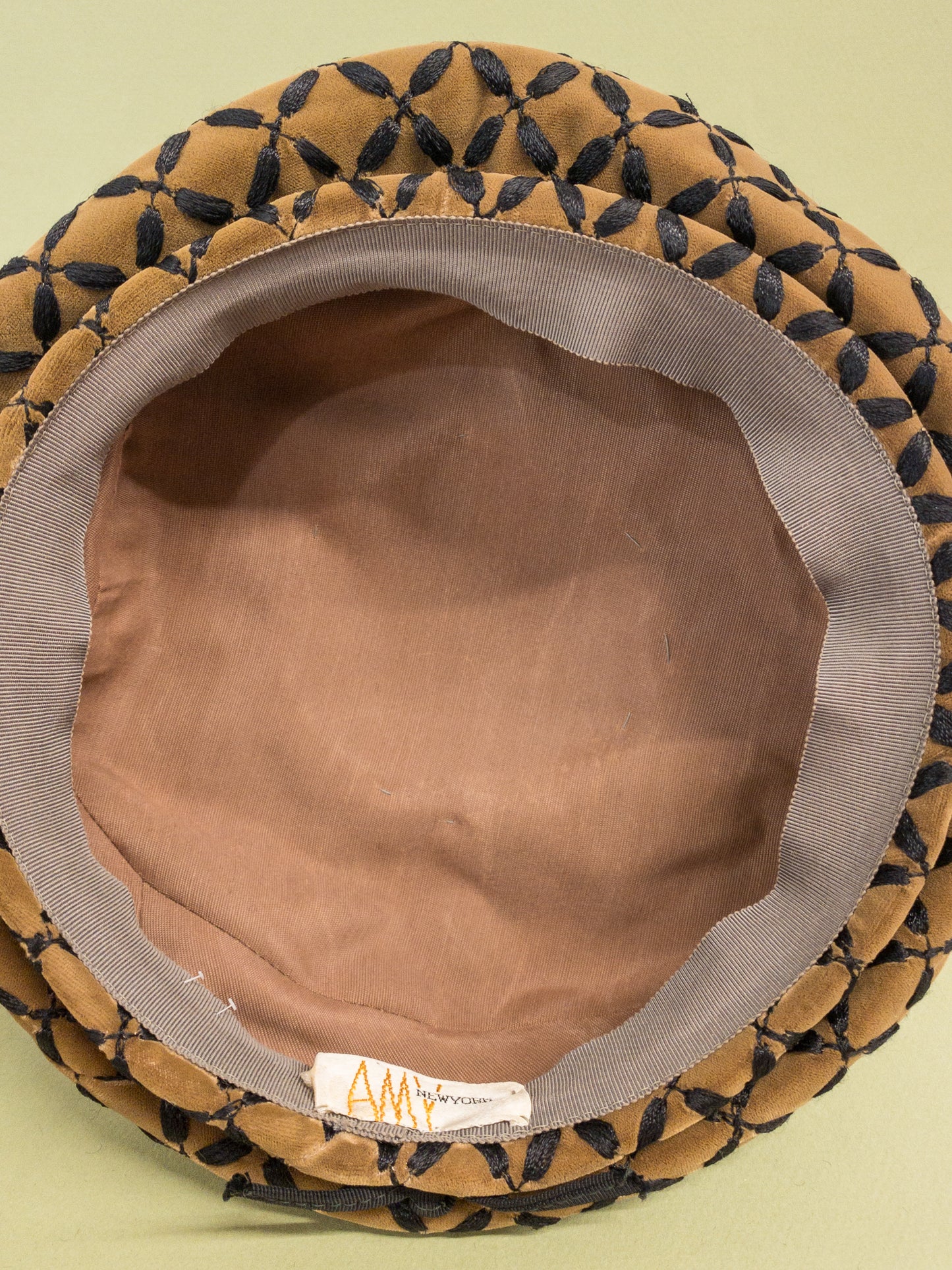 50's 60's "Marvelous Mrs. Maisel" Tan Velvet & Black Embroidered Mushroom Hat