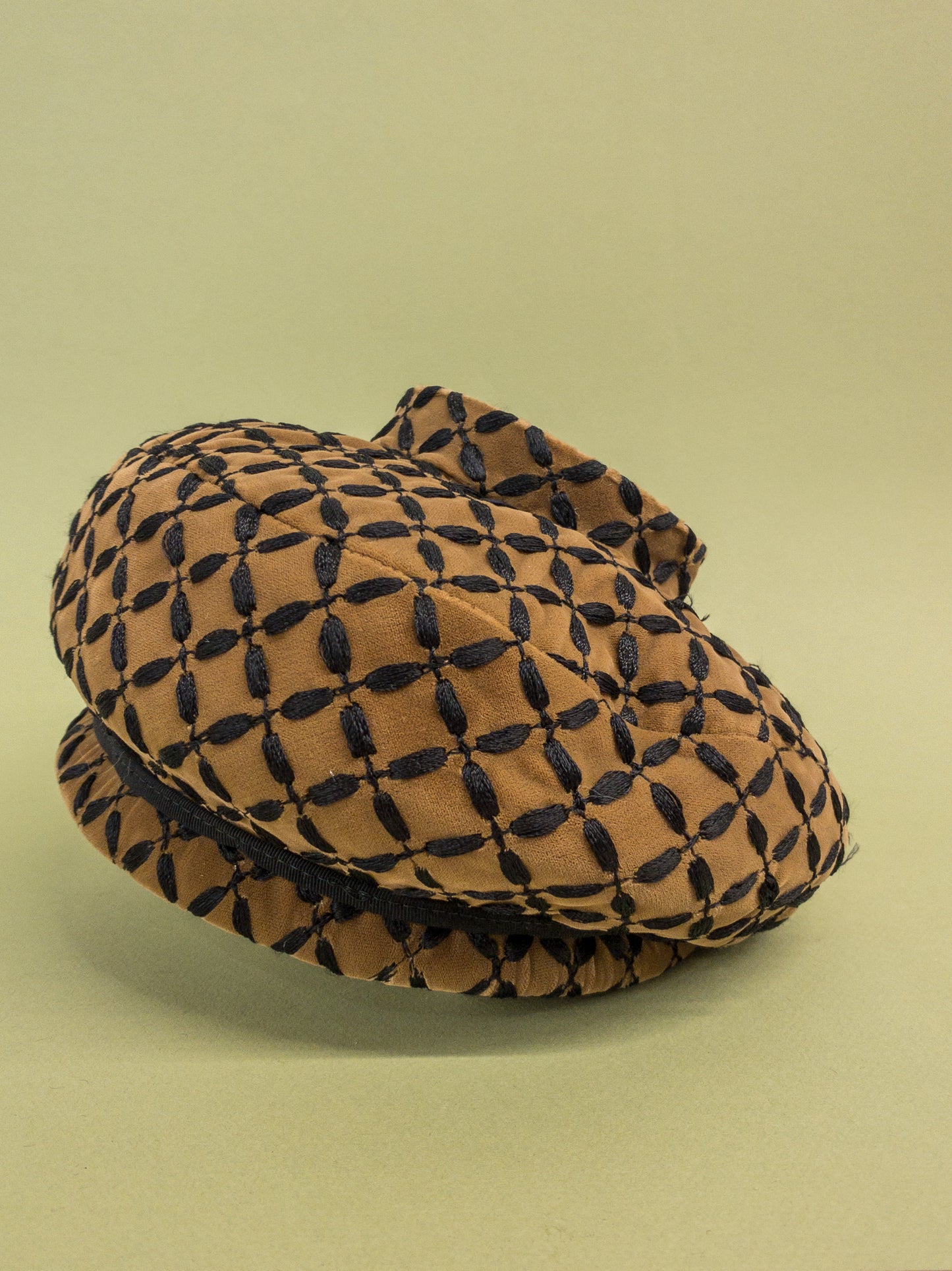 50's 60's "Marvelous Mrs. Maisel" Tan Velvet & Black Embroidered Mushroom Hat