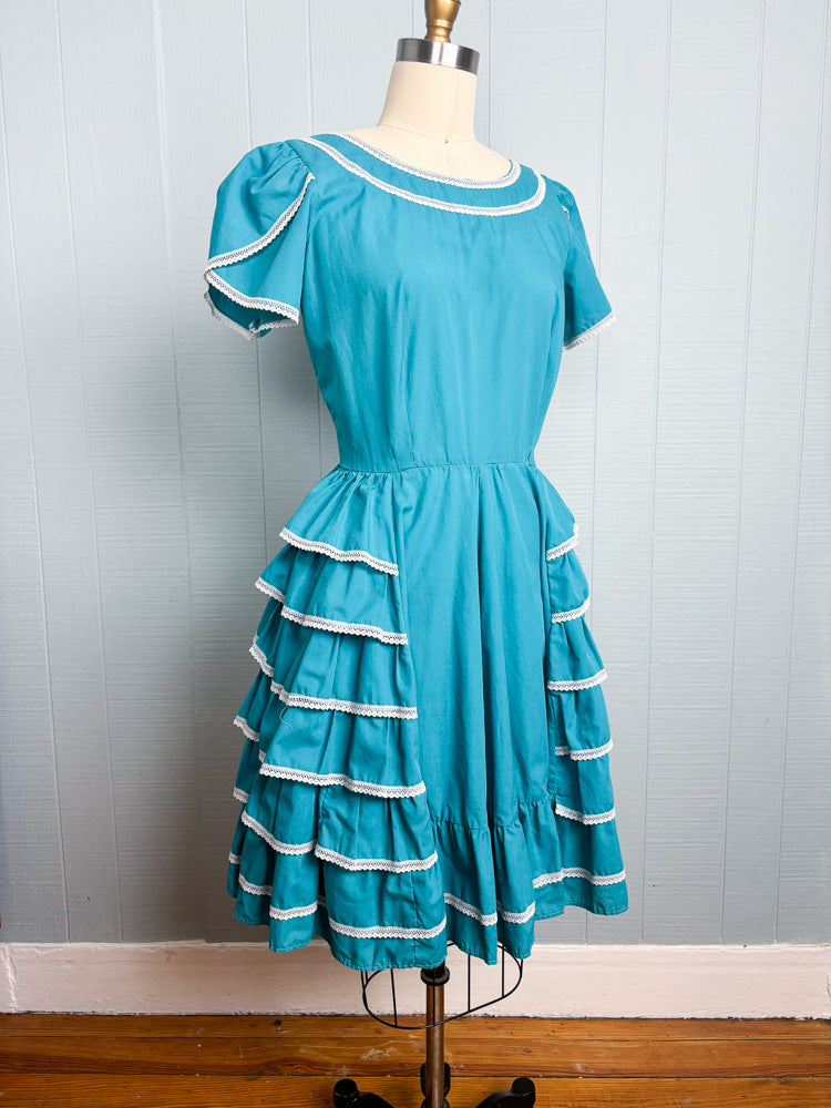 70's Teal Blue Square Dancing Ruffle Dress
