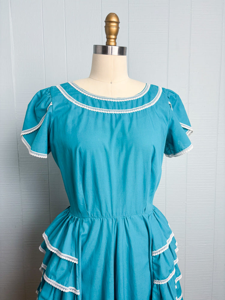 70's Teal Blue Square Dancing Ruffle Dress