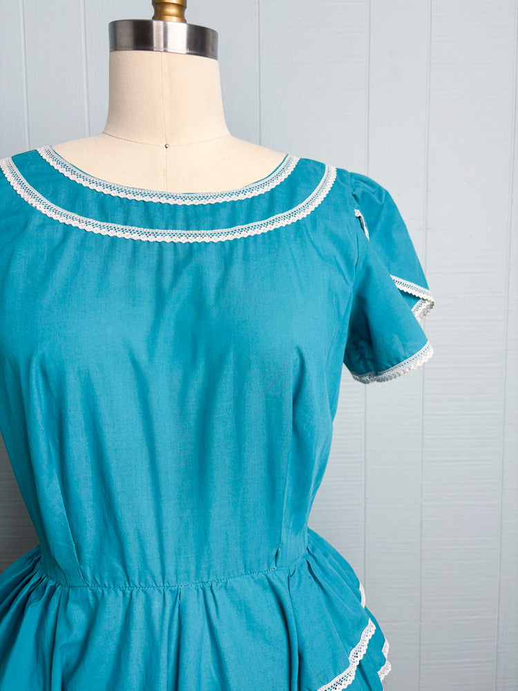 70's Teal Blue Square Dancing Ruffle Dress