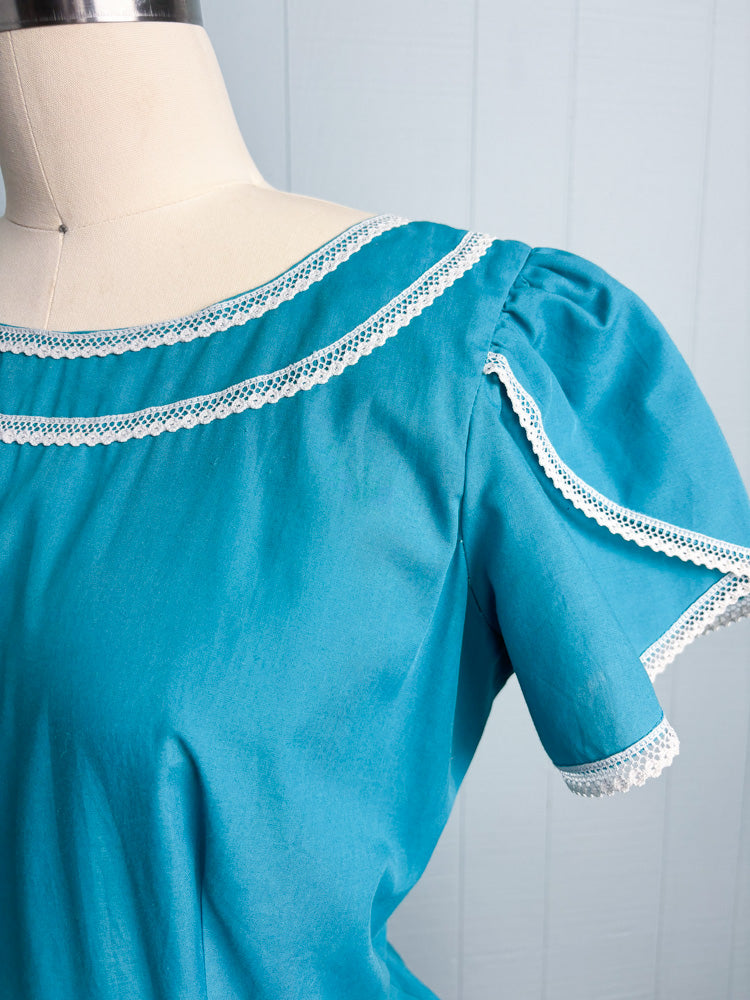 70's Teal Blue Square Dancing Ruffle Dress