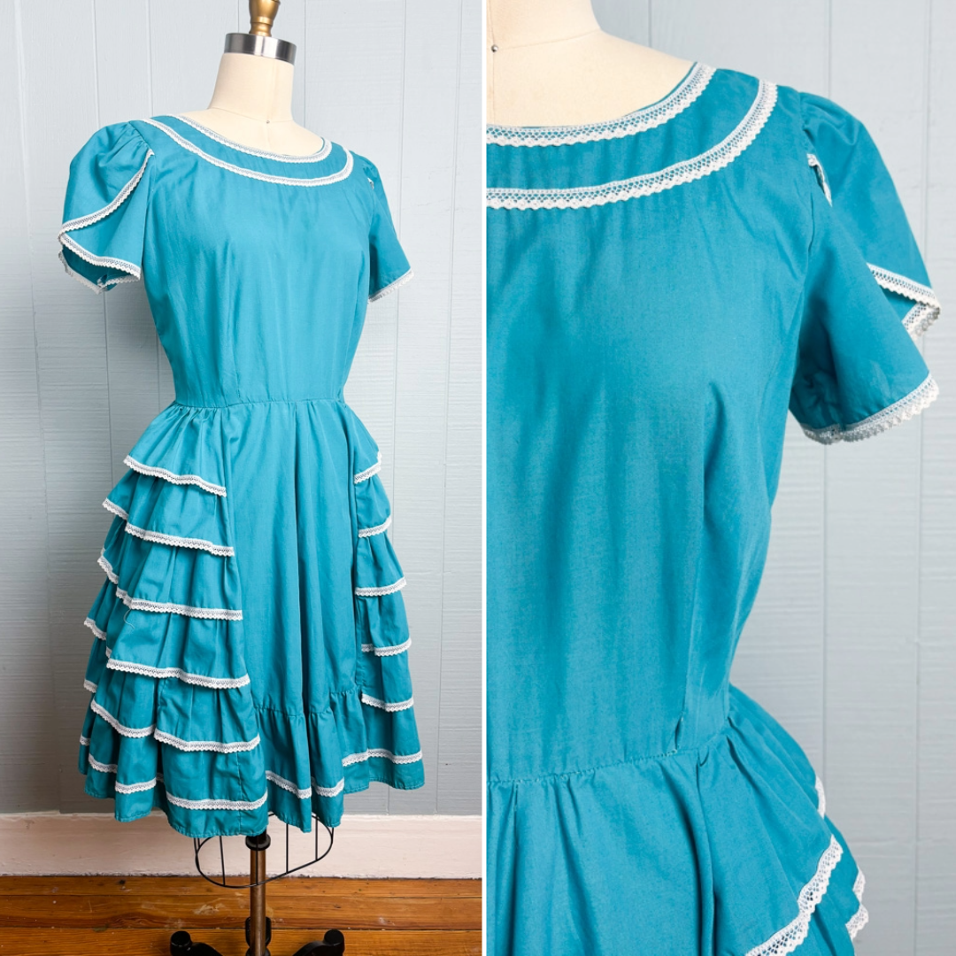 70's Teal Blue Square Dancing Ruffle Dress
