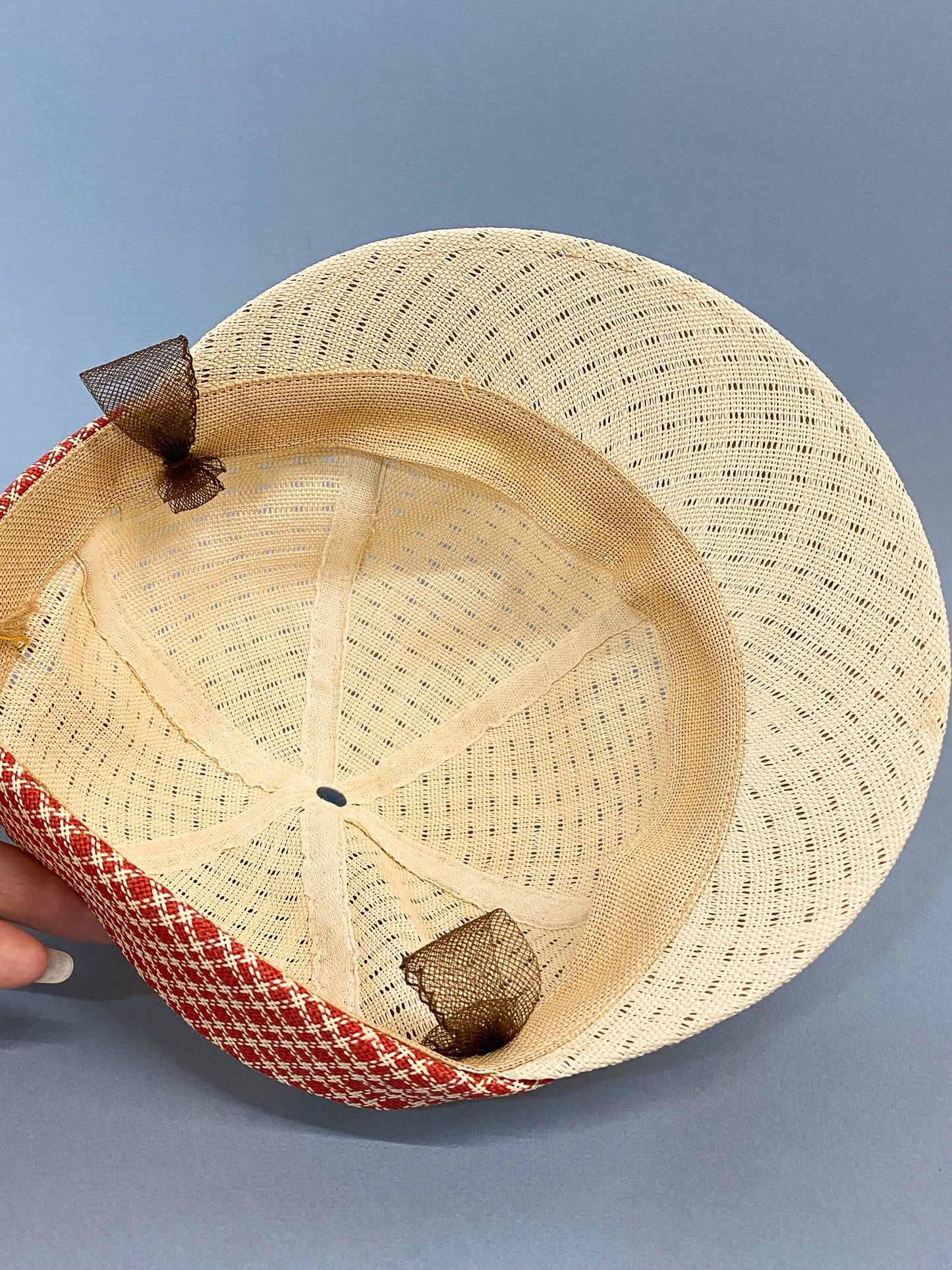 50's "Marvelous Mrs. Maisel" Red & Cream Open Cane Sporty Sun Baseball Cap