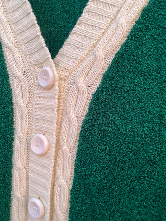 70s 80s Kelly Green Varsity Cardigan Cream Ribbed Sunny Tops