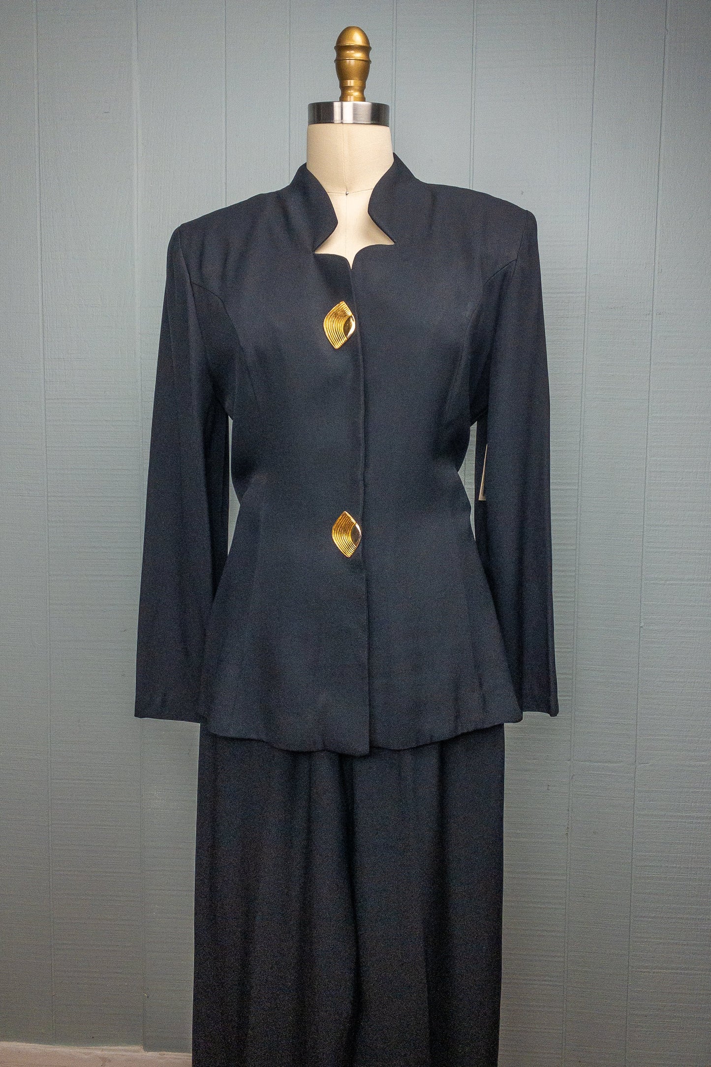 80's Black Crepe Pant Suit Virgo II Gold Statement Button