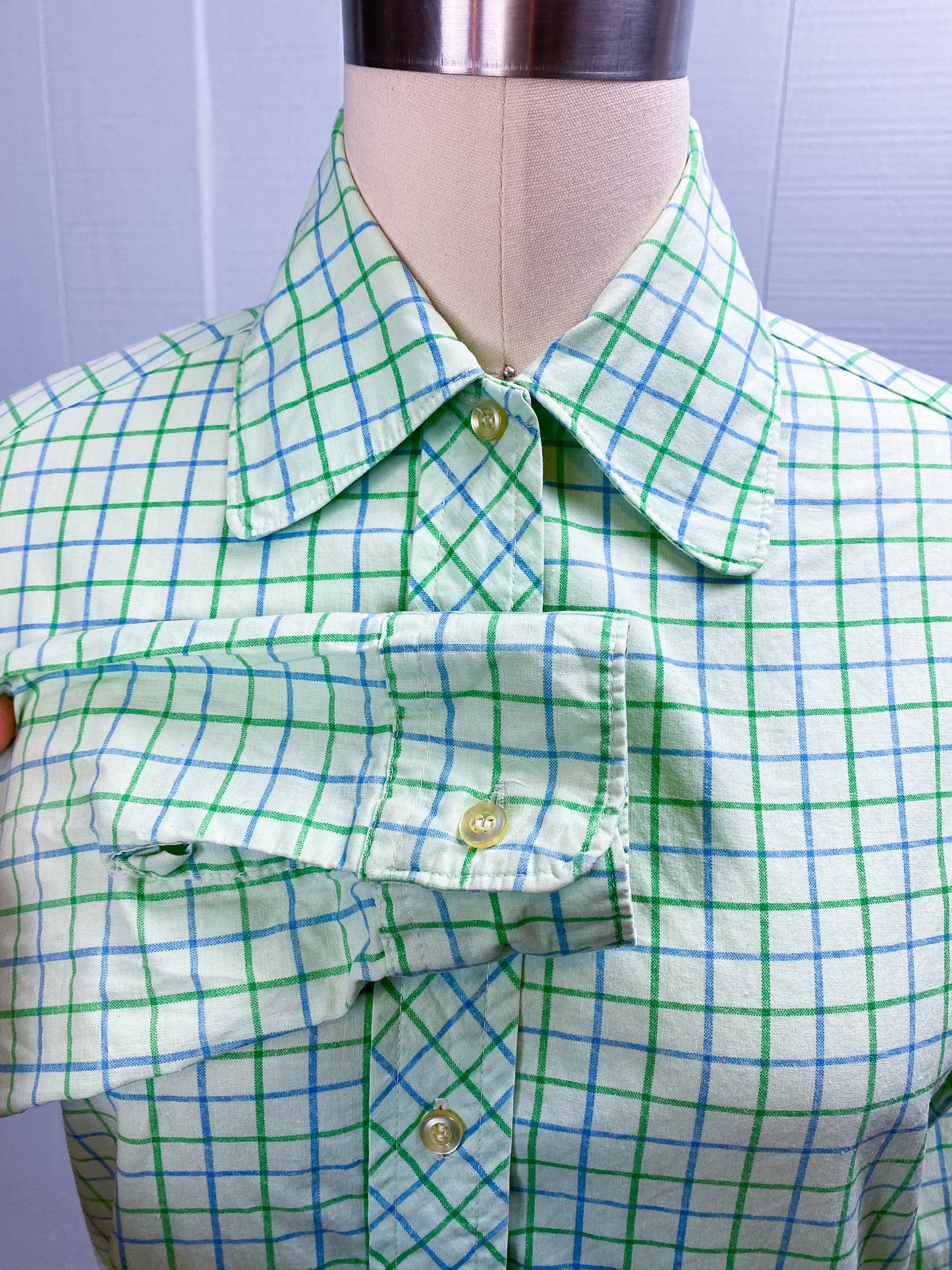 50s/60s Mint Green Windowpane Long Sleeve Blouse | XS/S