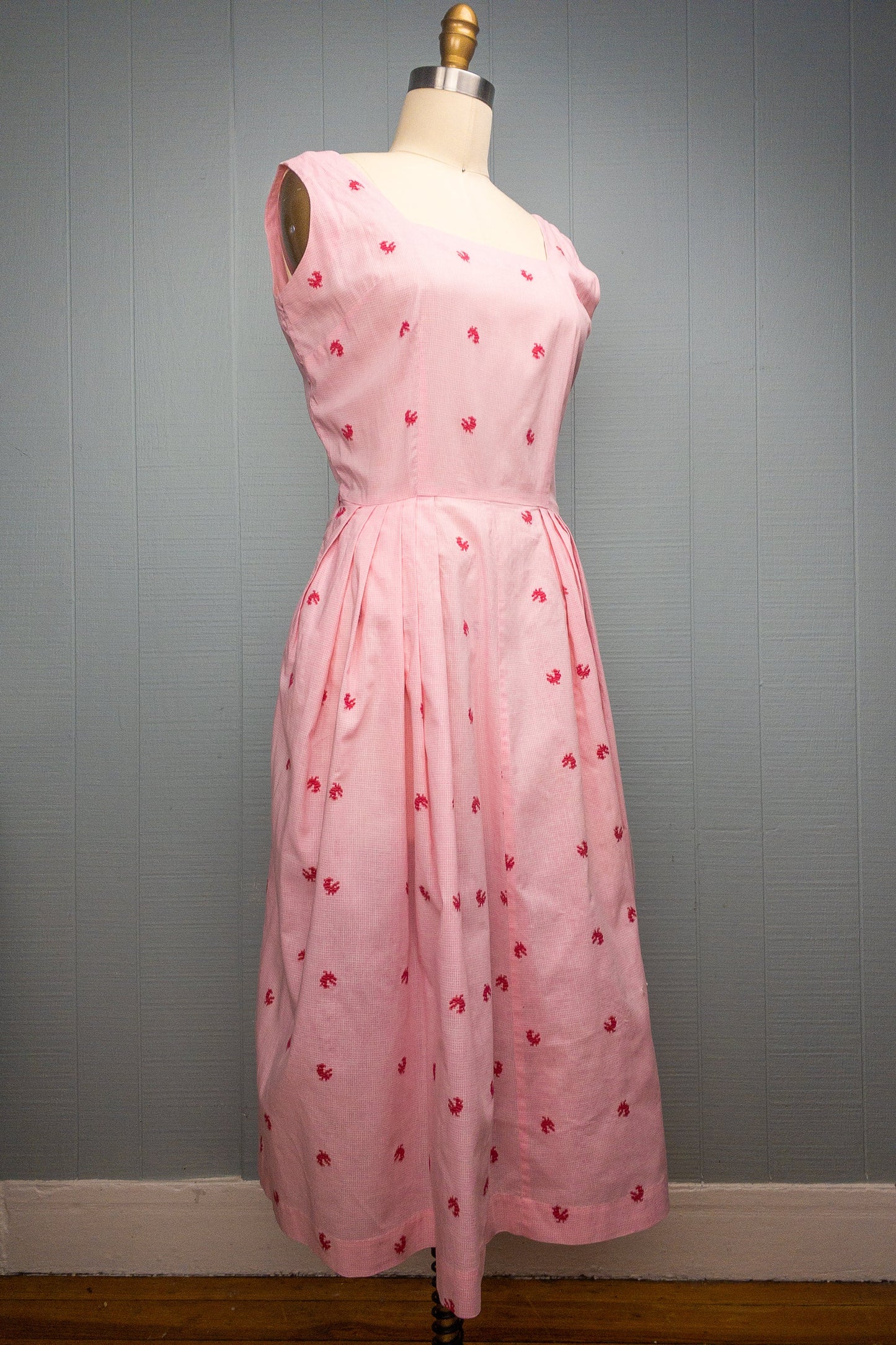 50's Pink Gingham Chicken Day Dress | M/L