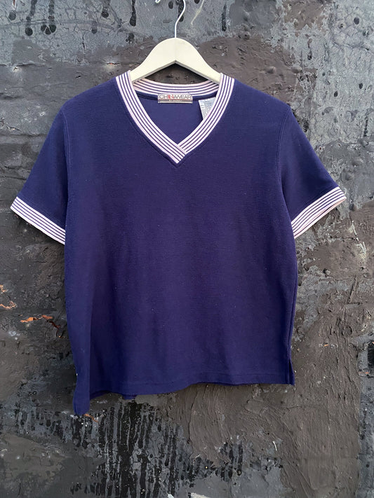 80s 90s Navy V Neck Ringer Stripe TShirt