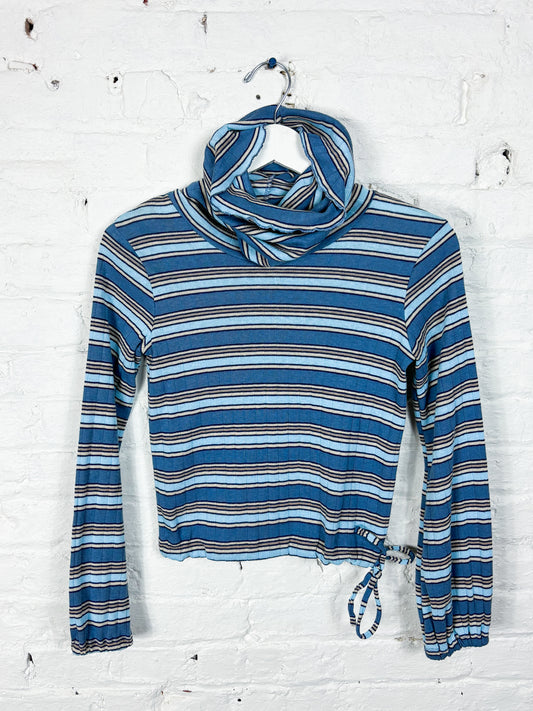 70's Mrs. Maisel Blue Stripe Lettuce Hem Turtleneck | XS