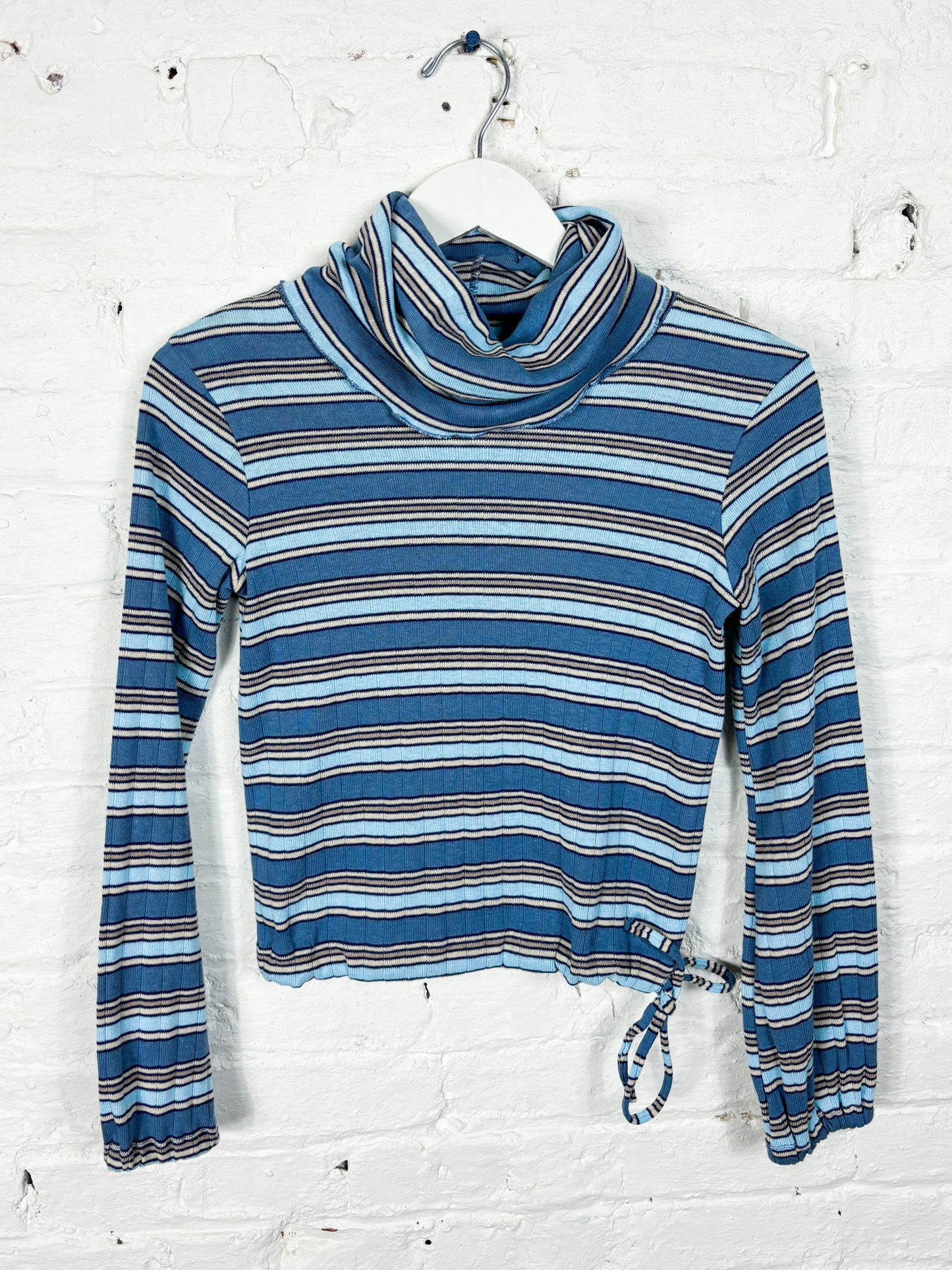 70's Mrs. Maisel Blue Stripe Lettuce Hem Turtleneck | XS