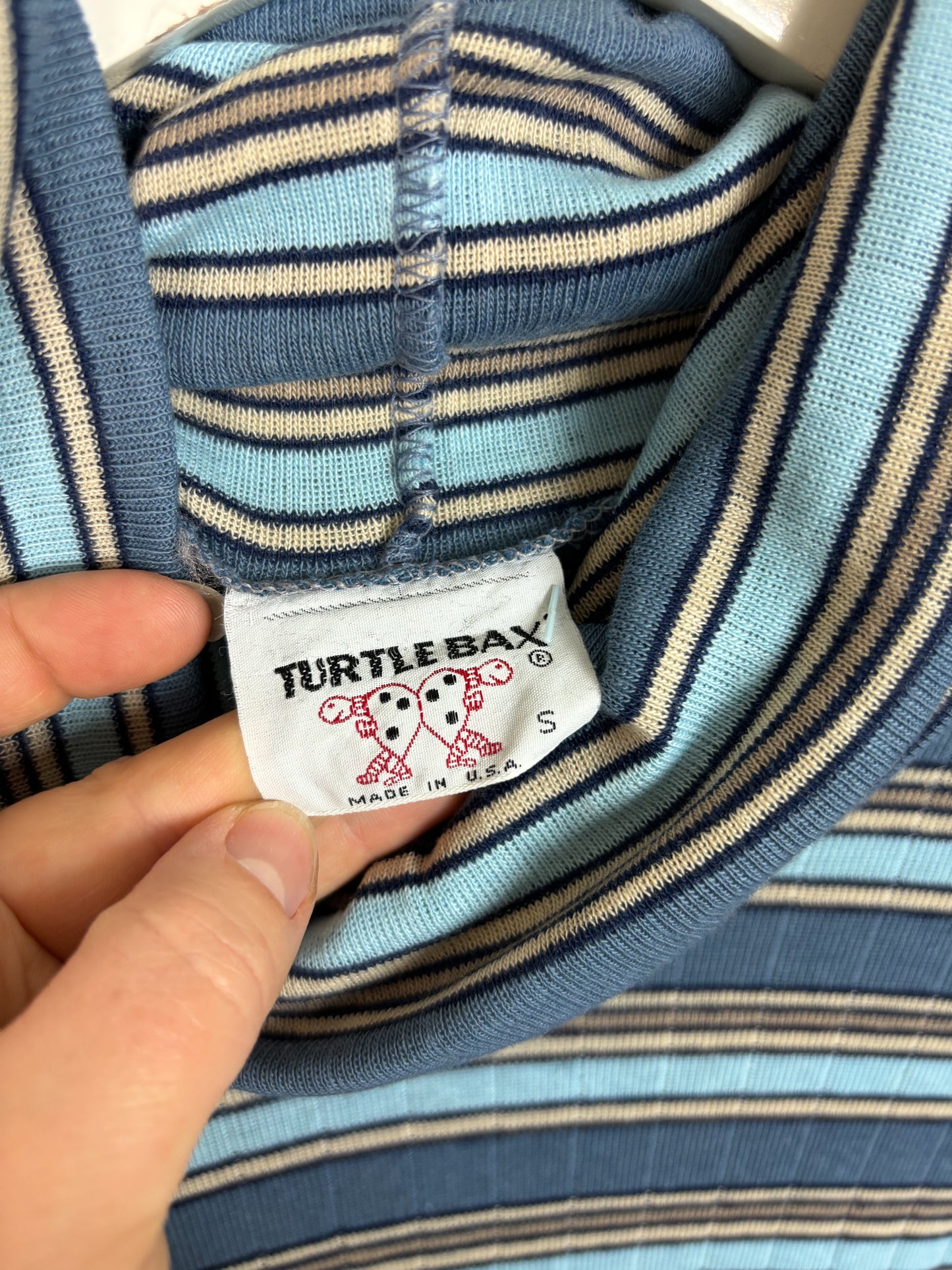 70's Mrs. Maisel Blue Stripe Lettuce Hem Turtleneck | XS