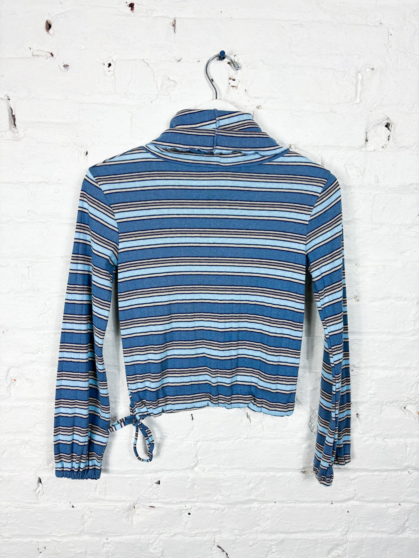 70's Mrs. Maisel Blue Stripe Lettuce Hem Turtleneck | XS