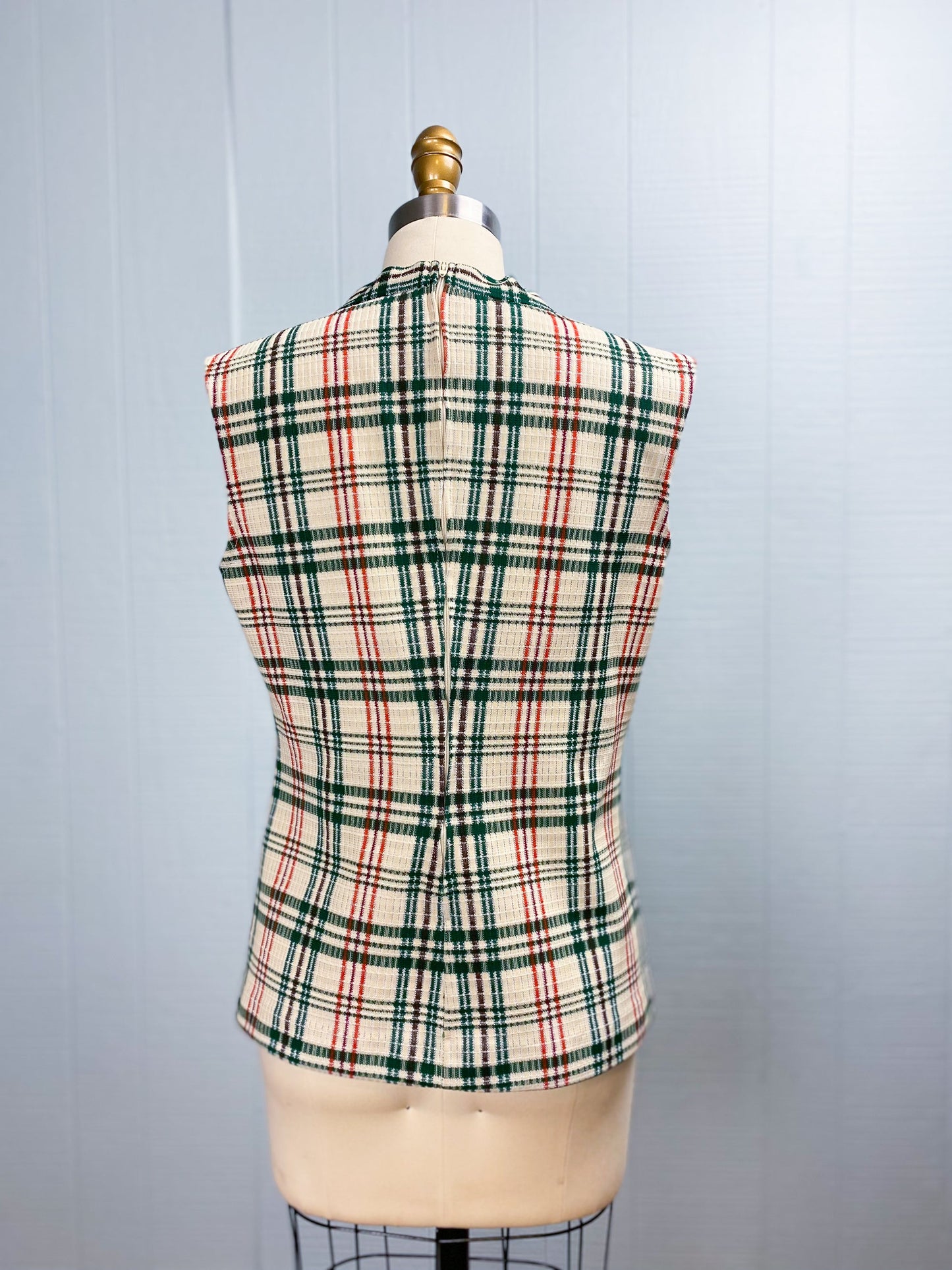 70's Cream Green Orange Plaid V Neck Poly Vest | L
