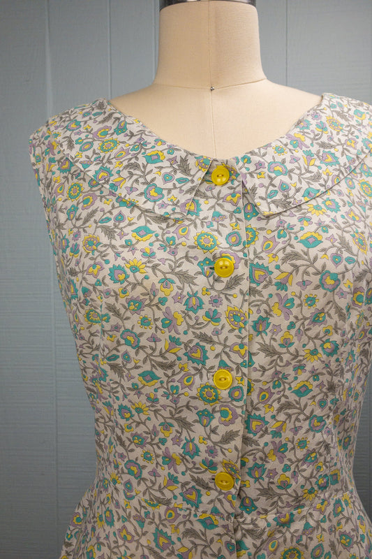 50's Grey & Yellow Flower Summer Dress | L/XL
