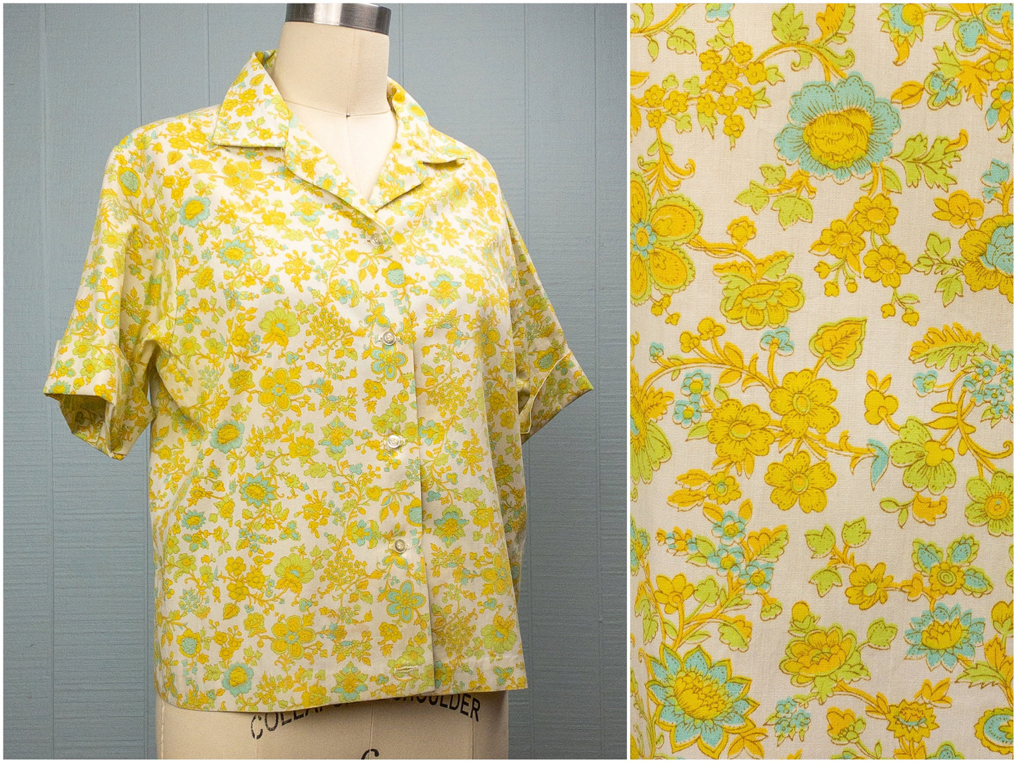 60's Lemon Lime Floral Button Shirt | M/L
