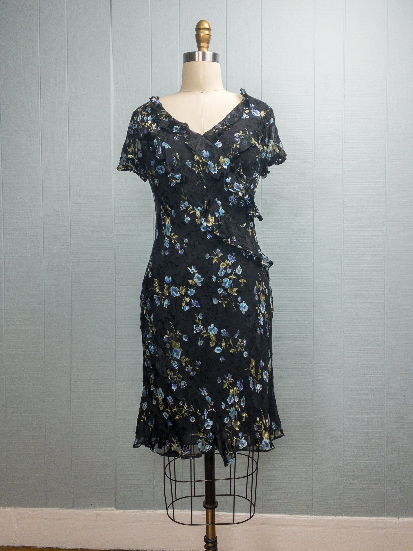 90's Y2K Bias Cut Silk/Rayon Black Floral Dress | S