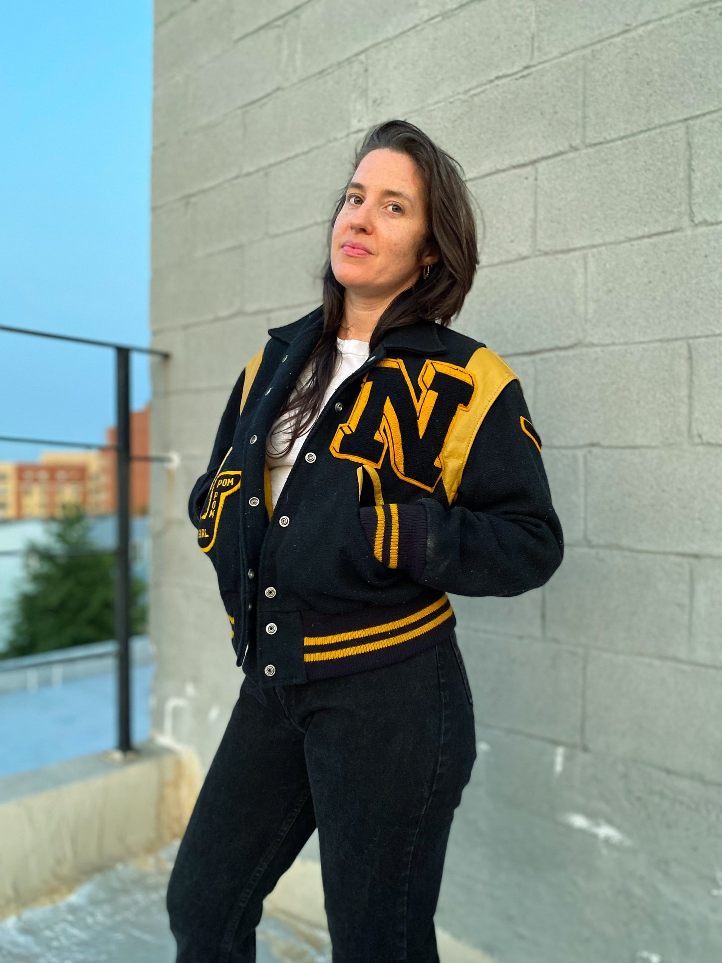 70s Black & Gold Pom Pom Girl Letterman Jacket