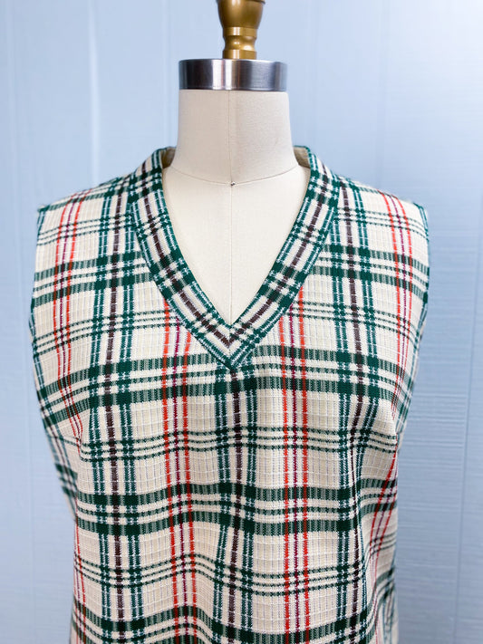 70's Cream Green Orange Plaid V Neck Poly Vest | L