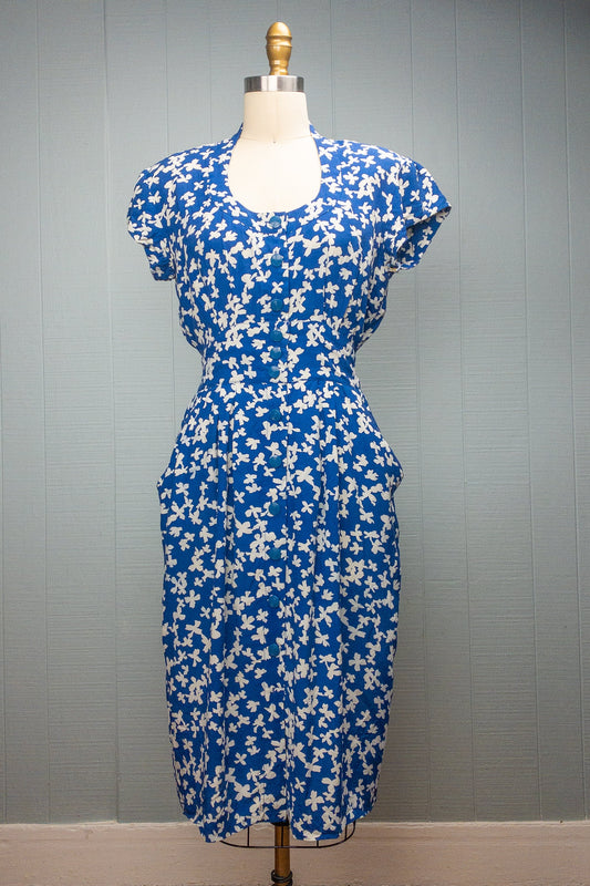 80's Blue & White Floral Wiggle Dress | S/M