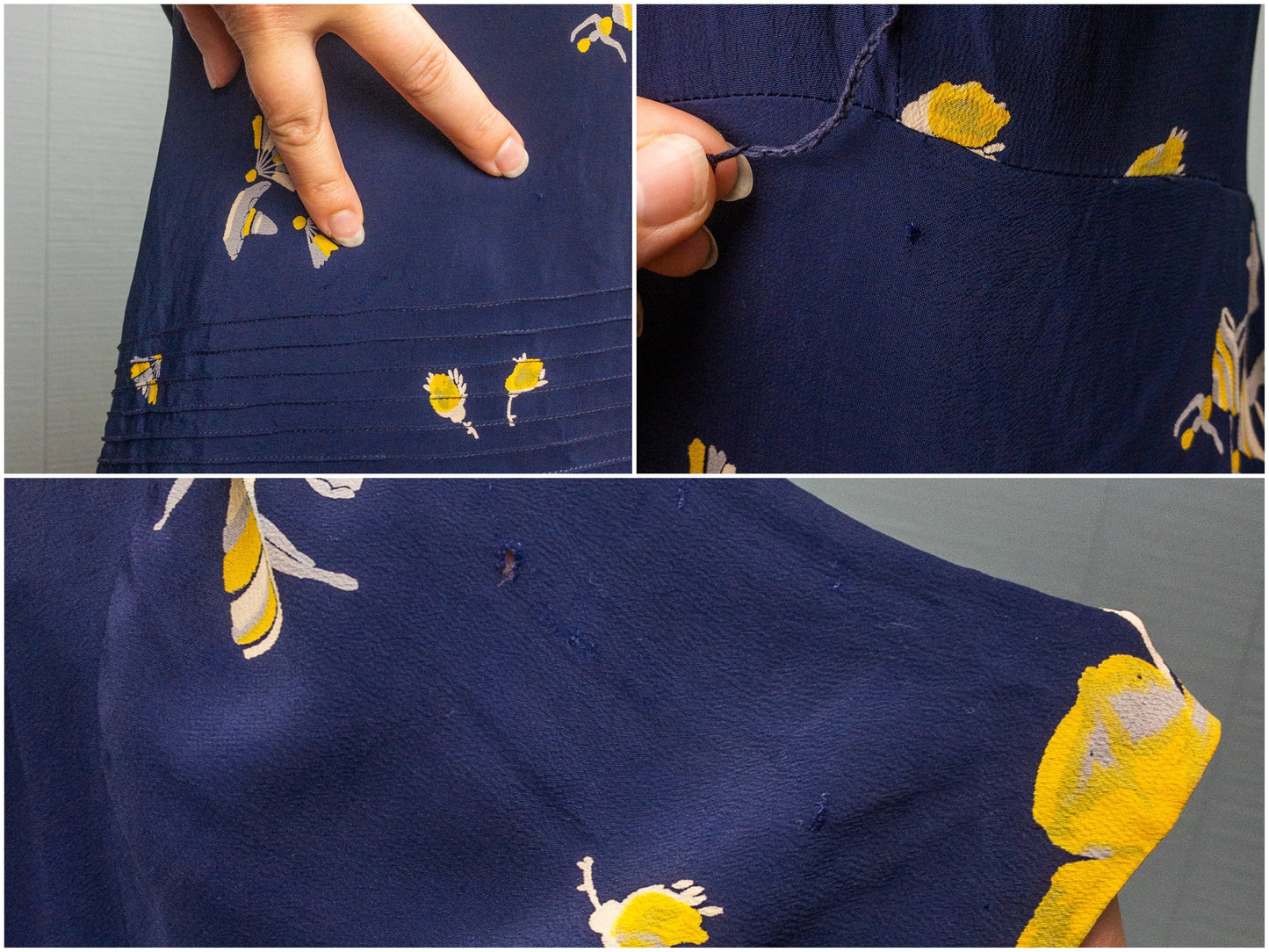 40's Navy Dress Yellow Flowers & Dancers | L/XL