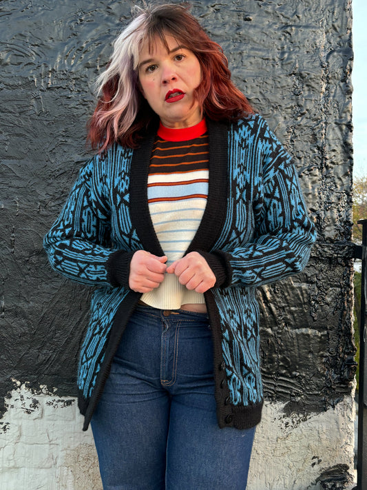 80's 90's Black & Blue Peruvian Alpaca Cardigan