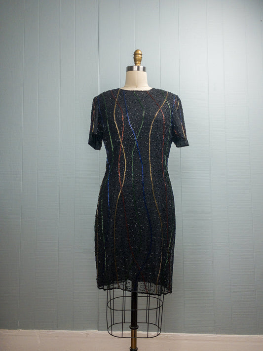 80's Black & Rainbow Beaded Shift Dress | M