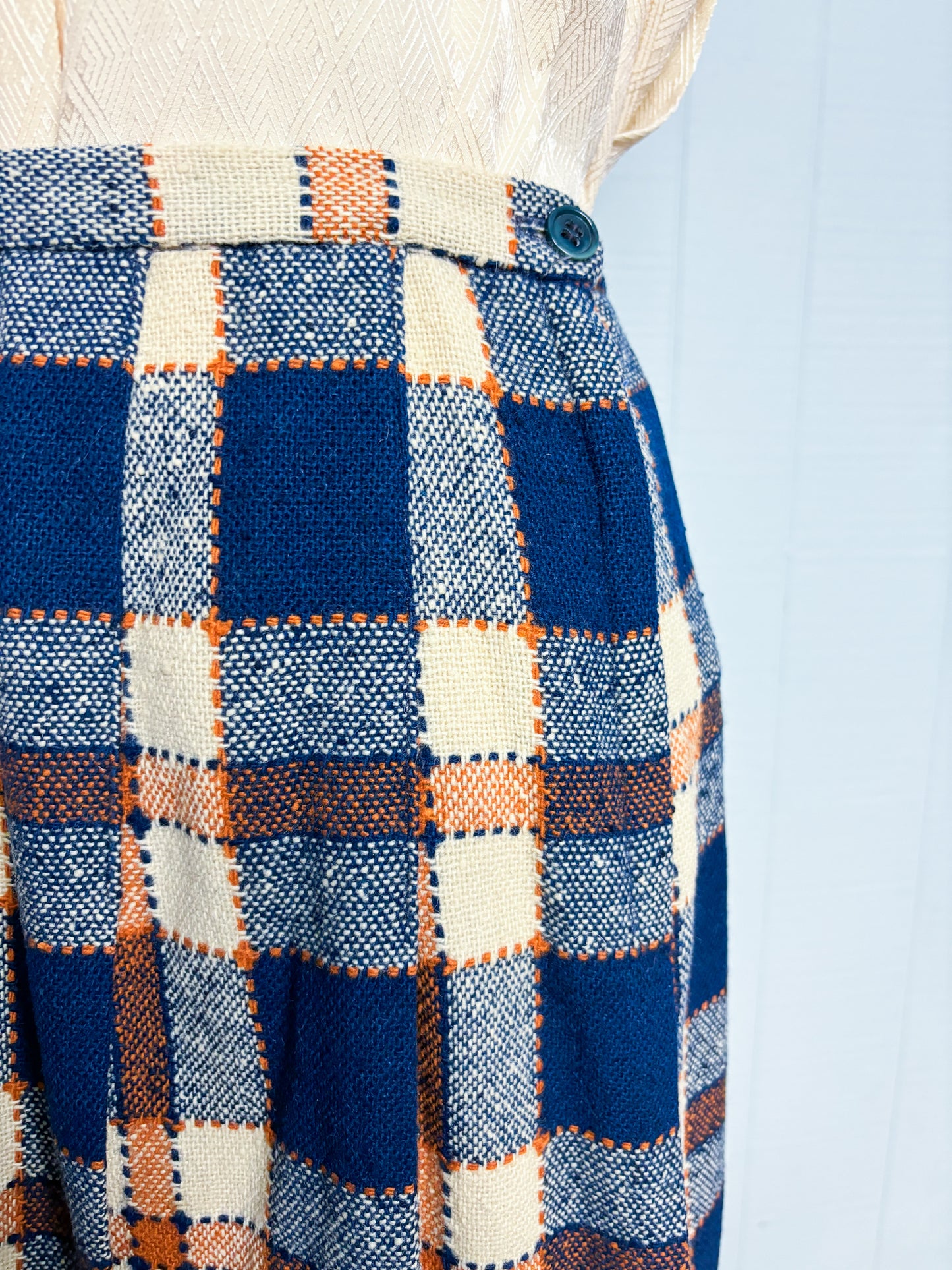 60's Navy Orange Pleated Wool Skirt | W: 35"
