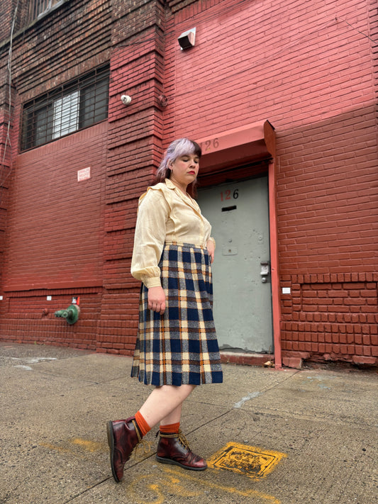 60's Navy Orange Pleated Wool Skirt | W: 35"