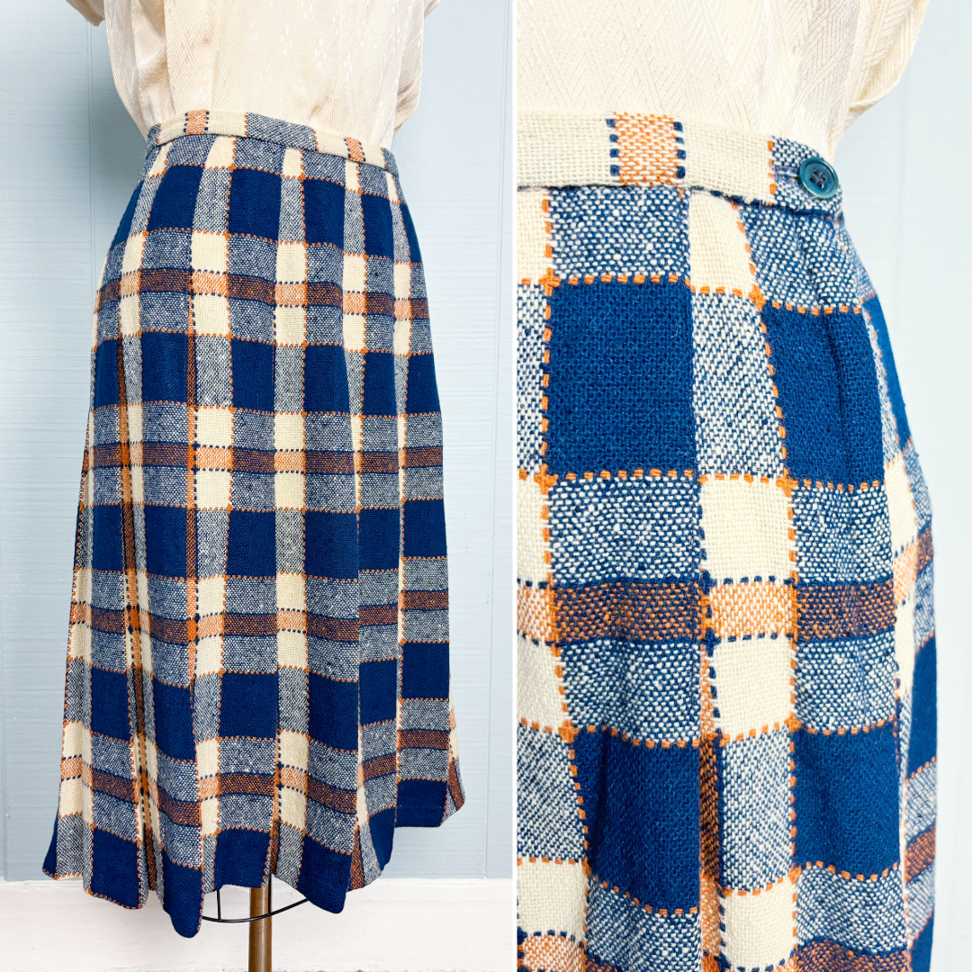 60's Navy Orange Pleated Wool Skirt | W: 35"