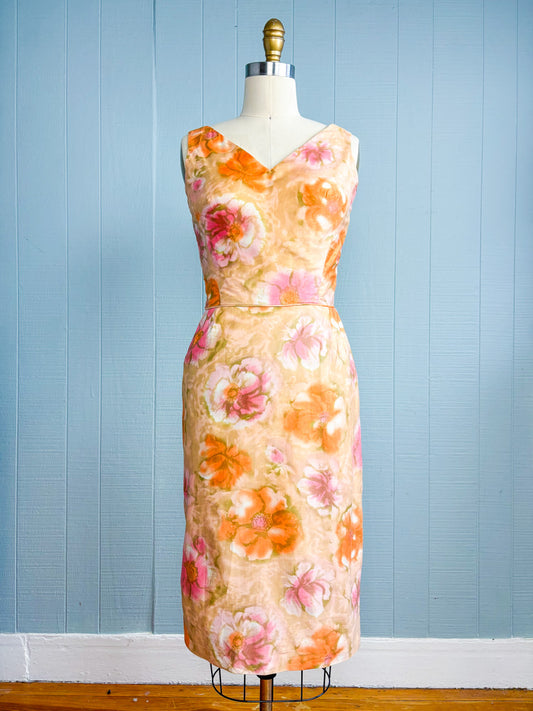 60's Mrs. Maisel Champagne, Pink & Orange Floral Cotton Dress | XXS