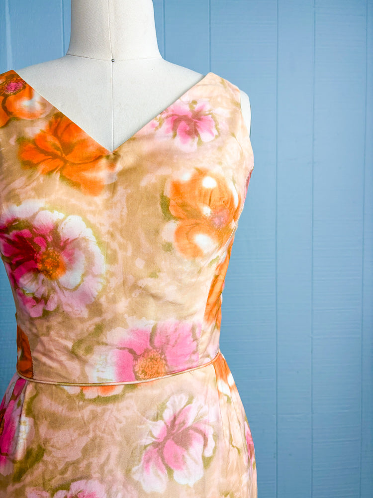 60's Mrs. Maisel Champagne, Pink & Orange Floral Cotton Dress | XXS