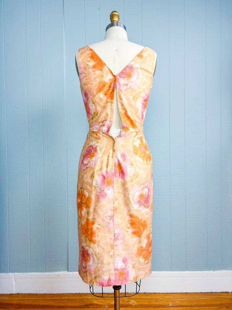 60's Mrs. Maisel Champagne, Pink & Orange Floral Cotton Dress | XXS