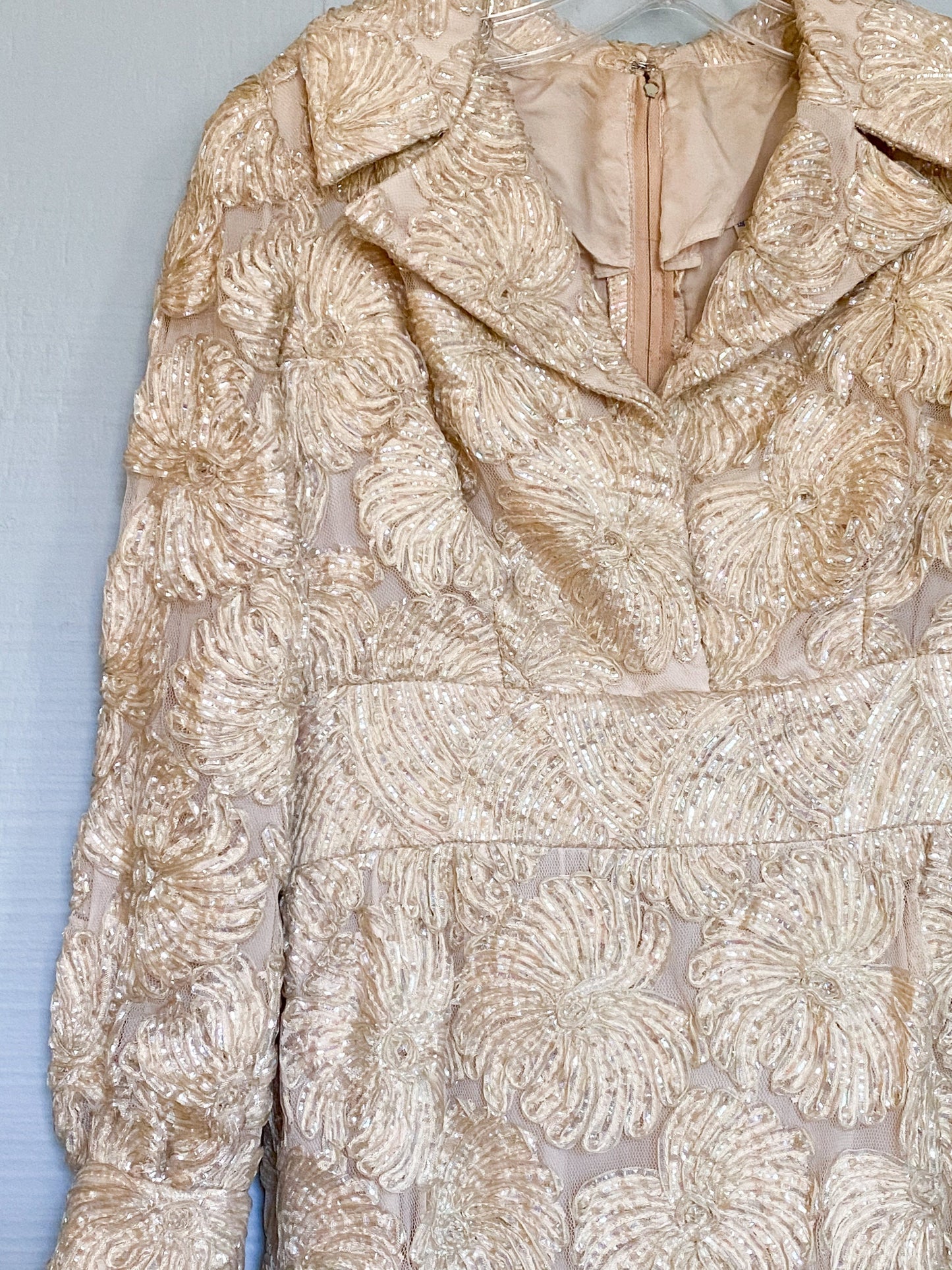 60's Cream Gold Beaded Sequin Long Sleeve Cocktail Dress | M/L