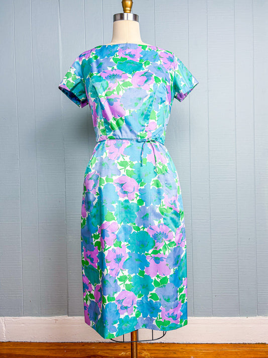 60s Mrs. Maisel Blue Green & Green Floral Cocktail Dress | S/M