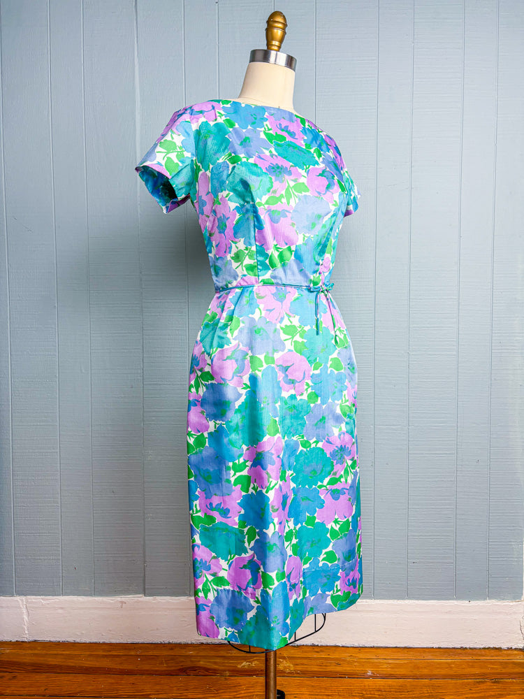 60s Mrs. Maisel Blue Green & Green Floral Cocktail Dress | S/M