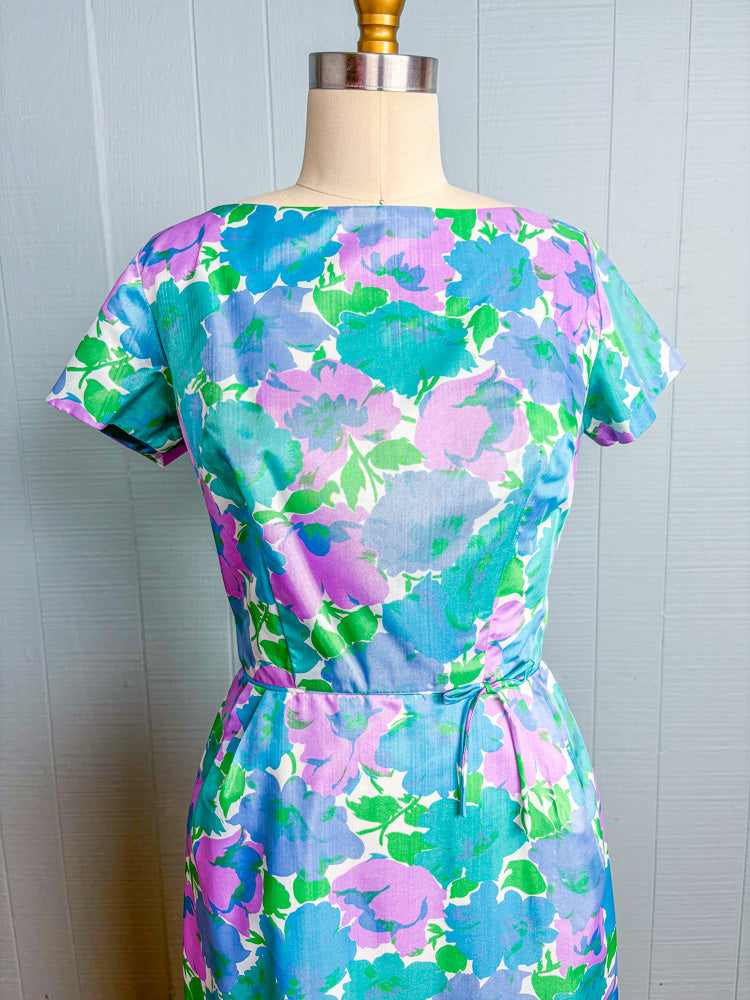 60s Mrs. Maisel Blue Green & Green Floral Cocktail Dress | S/M