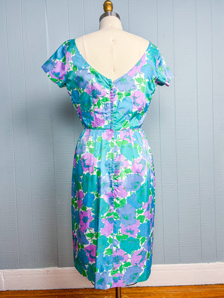 60s Mrs. Maisel Blue Green & Green Floral Cocktail Dress | S/M
