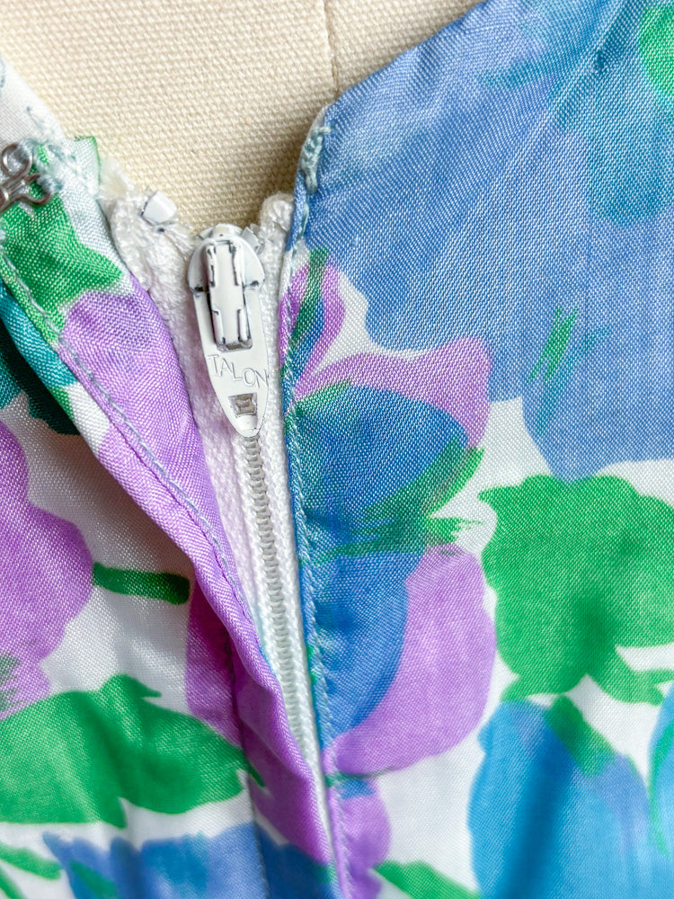 60s Mrs. Maisel Blue Green & Green Floral Cocktail Dress | S/M