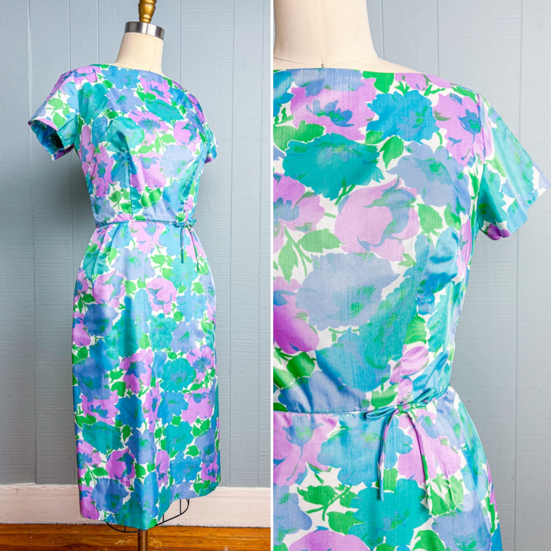 60s Mrs. Maisel Blue Green & Green Floral Cocktail Dress | S/M