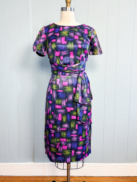 50's 60's Mrs. Maisel Purple Pink Green Wiggle Dress | XXS/XS